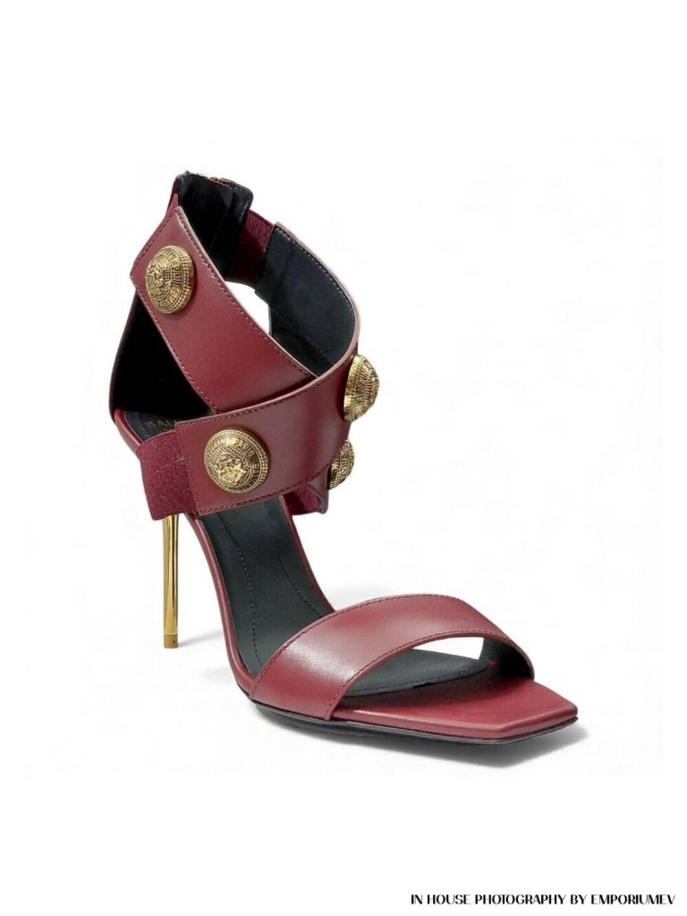Balmain Alma Burgundy Red Leather Stiletto Sandals with Gold-Tone Buttons (0571)